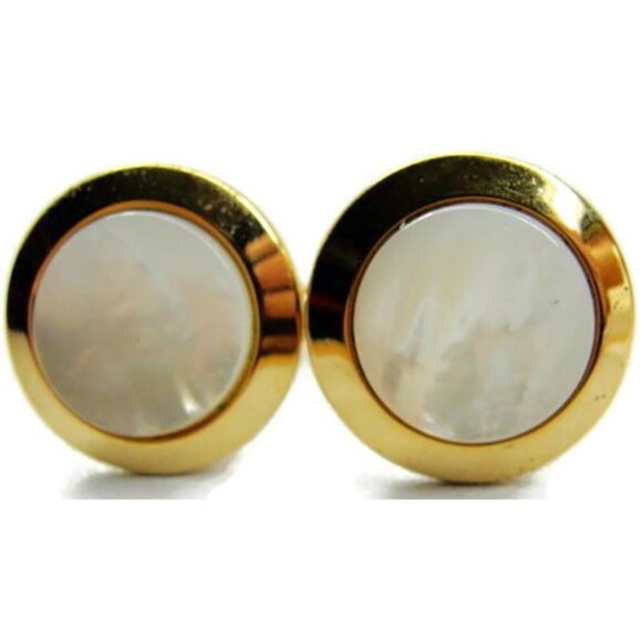 Hickok MOP Mother of Pearl Round Gold Tone Cufflink Tux Shirt Dress Suit Vintage - Picture 1 of 9